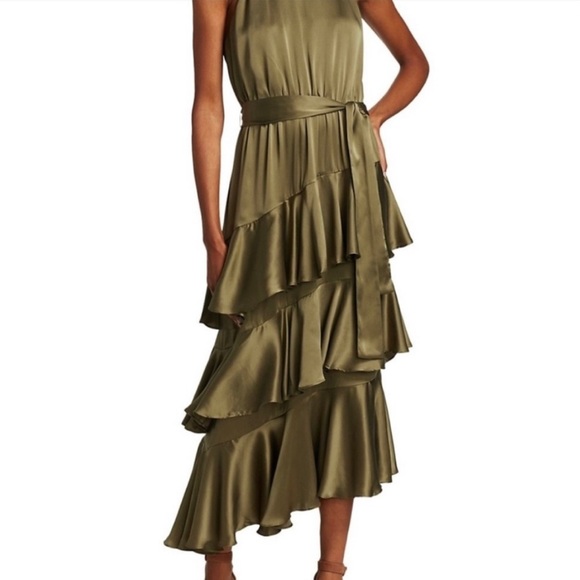 Zimmermann Green Fennel Silk Dress Ruffle Asymmetrical - Picture 3 of 11